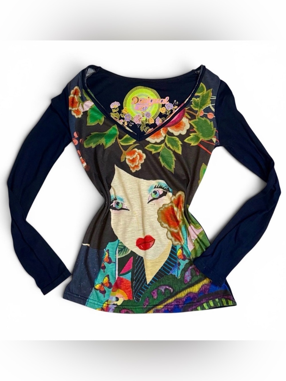 Desigual Black Multicolor V-Neck Long Sleeve Top with Face & Floral Art